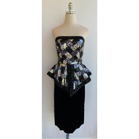 Victor Costa Dresses & Skirts - VTG Victor Costa Strapless Black Silver White Sequin & Velvet Formal Dress 6/8
